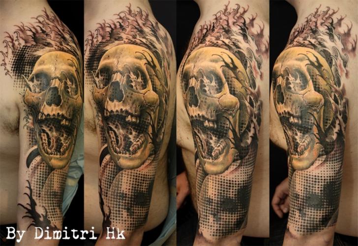 Shoulder Arm Skull Tattoo by Dimitri Tattoo