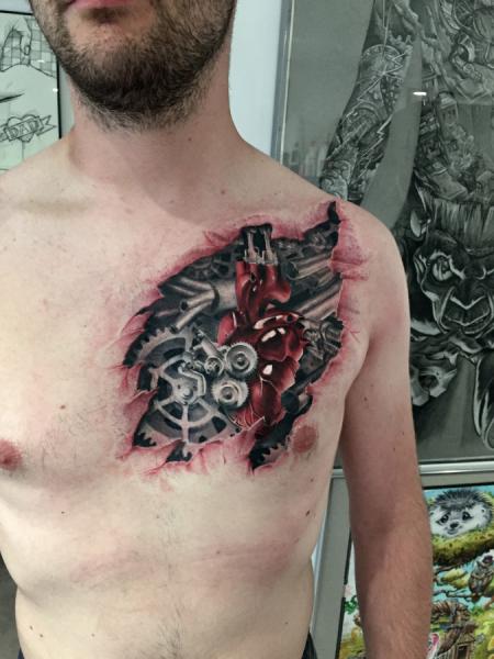 Biomechanical Chest Heart 3d Tattoo by Dimitri Tattoo