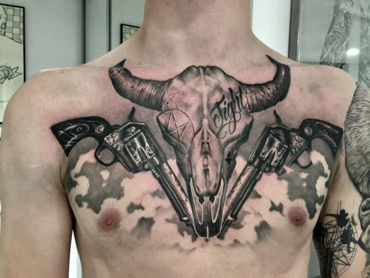 Chest Skull Gun Tattoo by Dimitri Tattoo