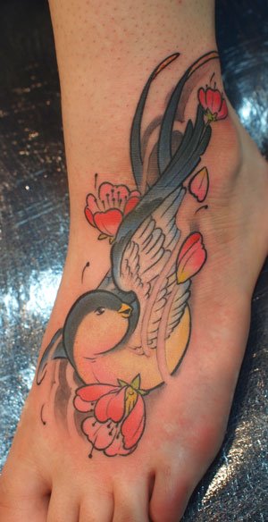 Old School Swallow Foot Tattoo by Dimitri Tattoo