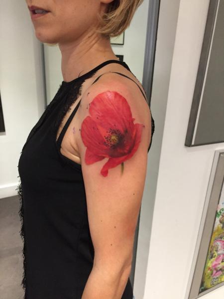 Shoulder Flower Poppy Tattoo by Dimitri Tattoo