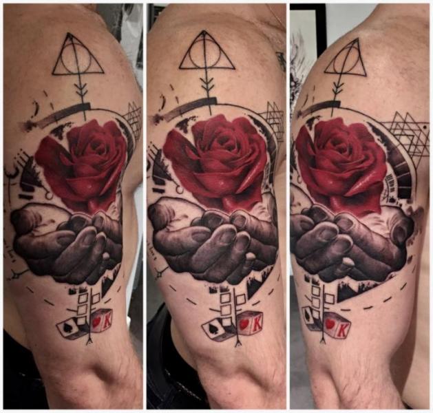 Shoulder Flower Hand Rose Tattoo by Dimitri Tattoo