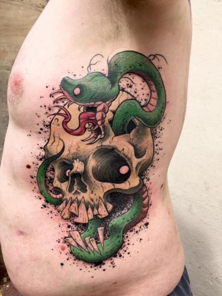 Snake Side Skull Tattoo by Dimitri Tattoo