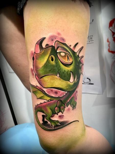 Tatuaggio Personaggi Coscia Dinosauro di Dimitri Tattoo