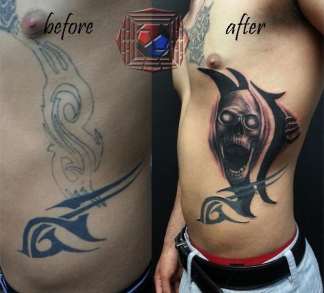 Side Skull Cover-up Tattoo by Tattoo Korea
