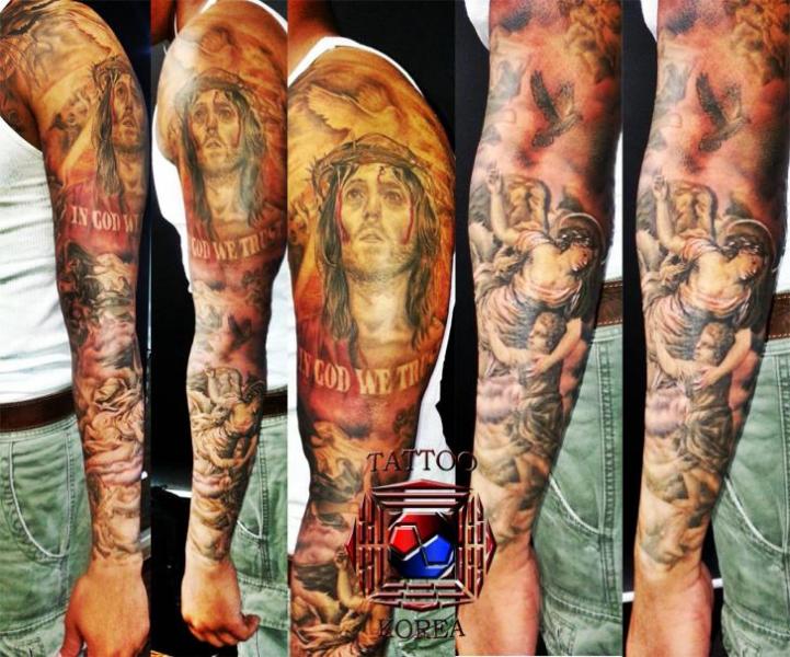 Religious Sleeve Tattoo by Tattoo Korea