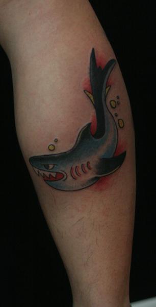 Arm Old School Shark Tattoo by Sunrat Tattoo