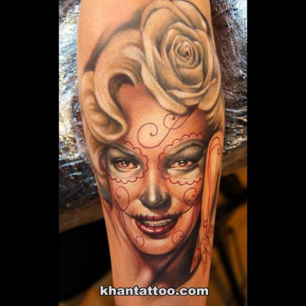 Arm Mexican Skull Women Tattoo by Khan Tattoo