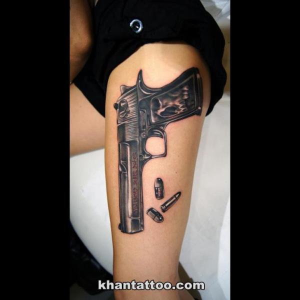 Realistic Gun Thigh Tattoo by Khan Tattoo