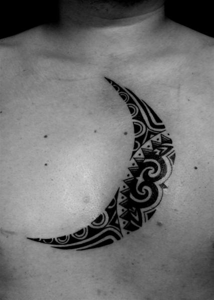 Chest Tribal Moon Tattoo by Fact Tattoo