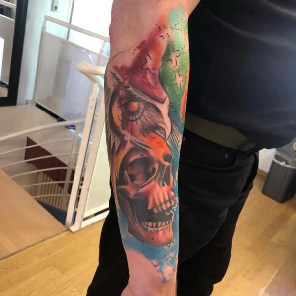 Arm Skull Owl Tattoo by Artifex Tattoo