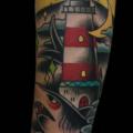 Arm Lighthouse Shark tattoo by Inkrat Tattoo