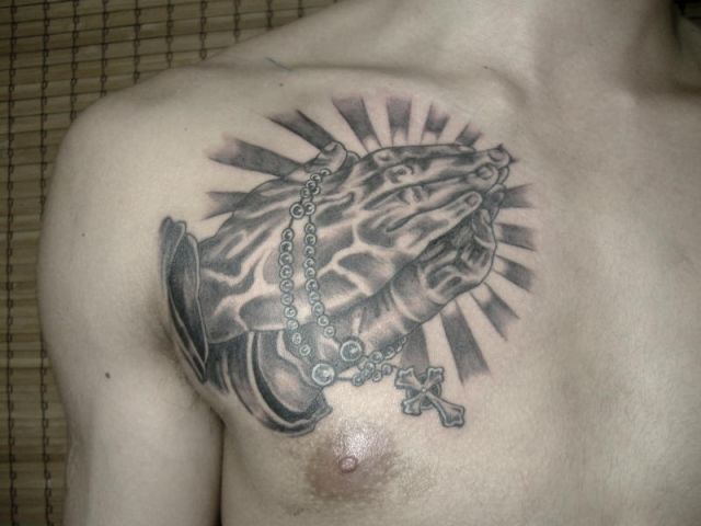 Chest Praying Hands Rosary Tattoo by Koji Tattoo