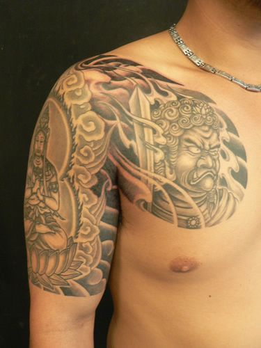 Shoulder Chest Japanese Tattoo by M Crow Tattoo