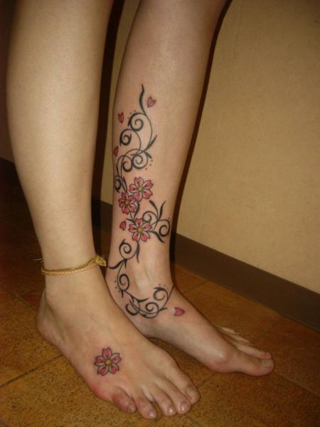 Foot Leg Flower Tattoo by South Dragon Tattoo