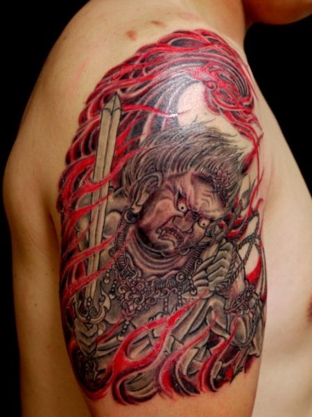 Shoulder Japanese Demon Tattoo by Wizdom Tattoo