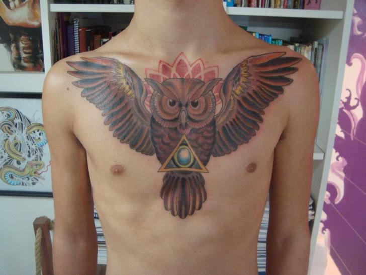 Chest Old School Owl Tattoo by Tattoo Loyalty