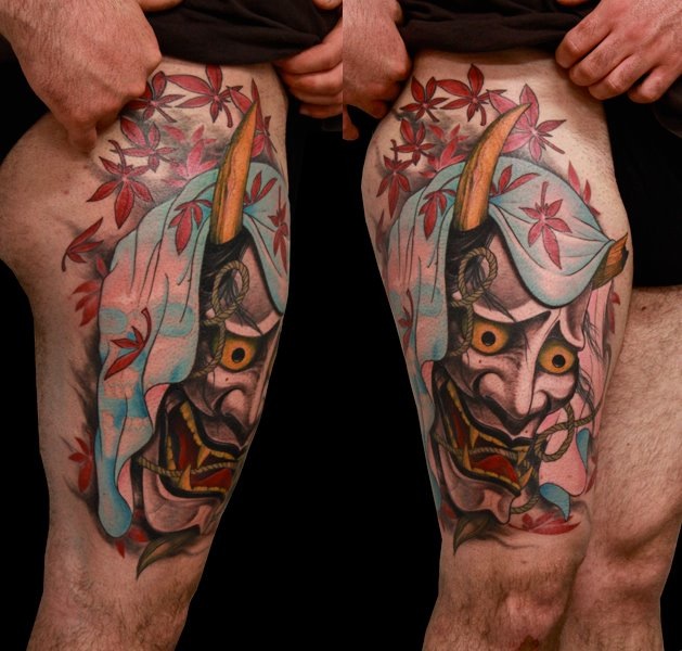 Tatuaje Japoneses Demonio Muslo por Nico Tattoo Crew