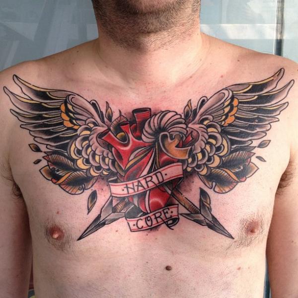 Chest Old School Heart Wings Tattoo by Sake Tattoo Crew