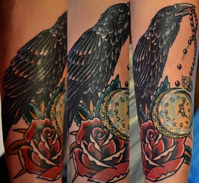 Clock Flower Crow Tattoo by Upstream Tattoo