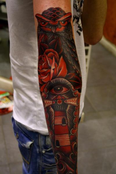 Arm Lighthouse Old School Eye Owl Tattoo by All Star Ink Tattoos