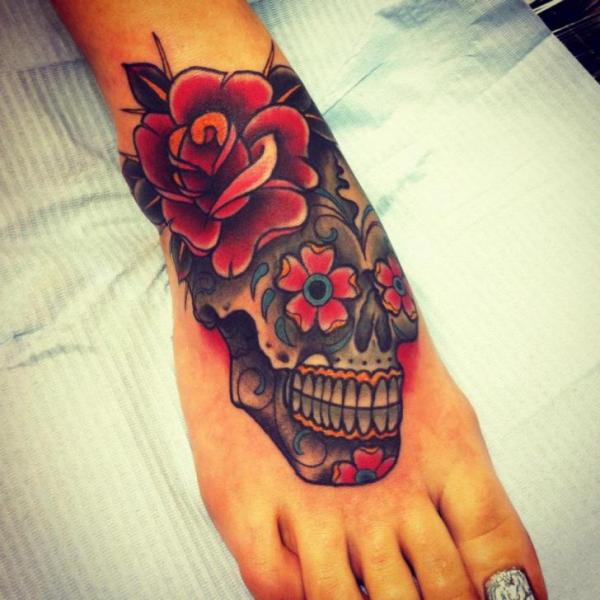 Old School Foot Flower Skull Tattoo by All Star Ink Tattoos