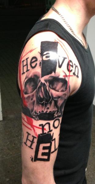 Shoulder Lettering Skull Tattoo by Bloody Ink