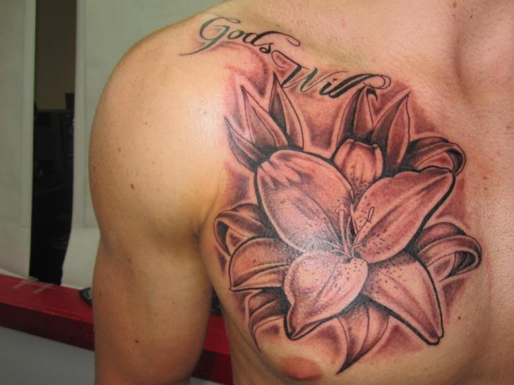 Chest Flower Lettering Tattoo by Shogun Tats