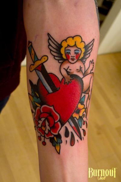 Arm Old School Heart Angel Tattoo by Burnout Ink