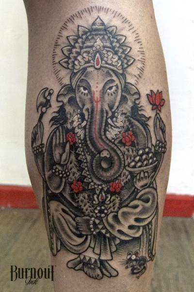 Calf Religious Ganesh Tattoo by Burnout Ink