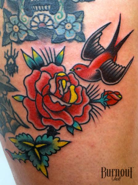 Old School Swallow Rose Tattoo by Burnout Ink