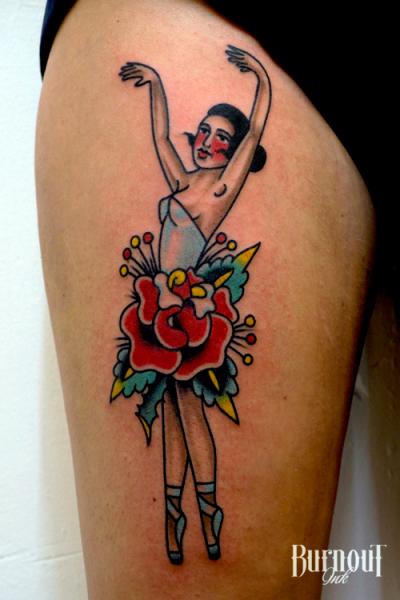 Old School Thigh Dancer Tattoo by Burnout Ink