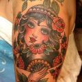 Shoulder Old School Flower Gypsy tattoo by Carnivale Tattoo