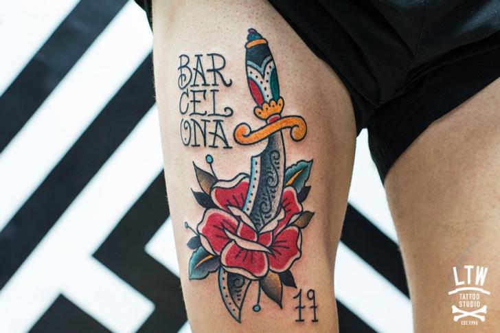 Flower Dagger Thigh Tattoo by LW Tattoo