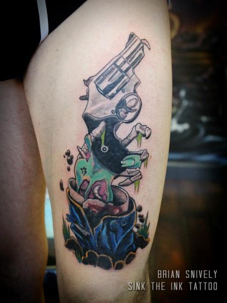 Gun Thigh Tattoo by Sink The Ink