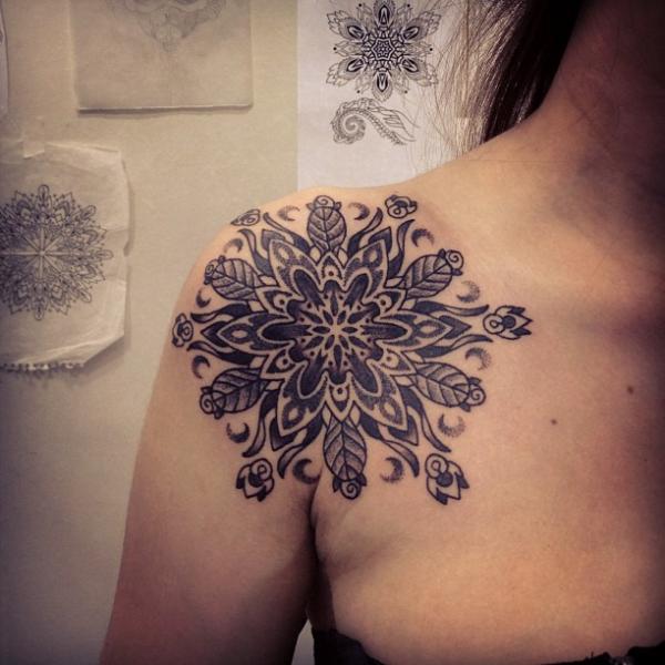 Shoulder Flower Dotwork Tattoo by Gregorio Marangoni