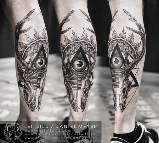 Calf Skull God Dotwork Tattoo by Leitbild