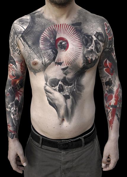Arm Brust Totenkopf Bauch Trash Polka Sleeve Tattoo von Buena Vista Tattoo Club