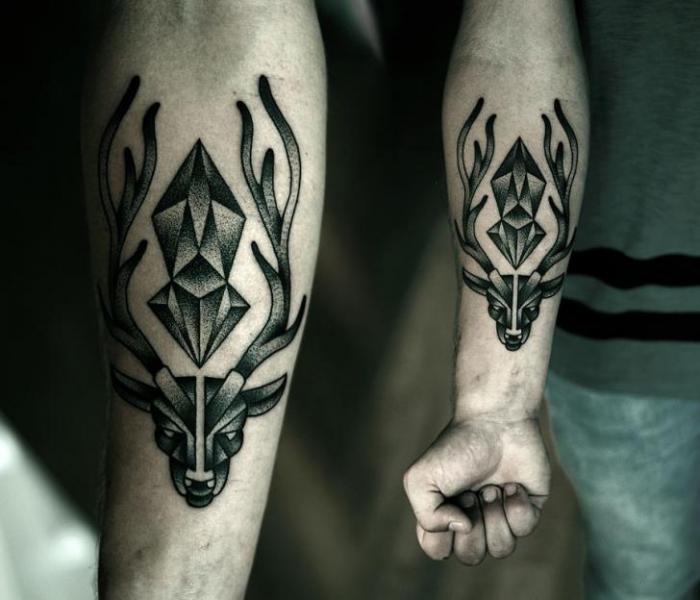 Arm Dotwork Deer Diamond Tattoo by Kamil Czapiga