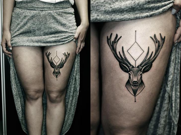 Dotwork Thigh Deer Tattoo by Kamil Czapiga