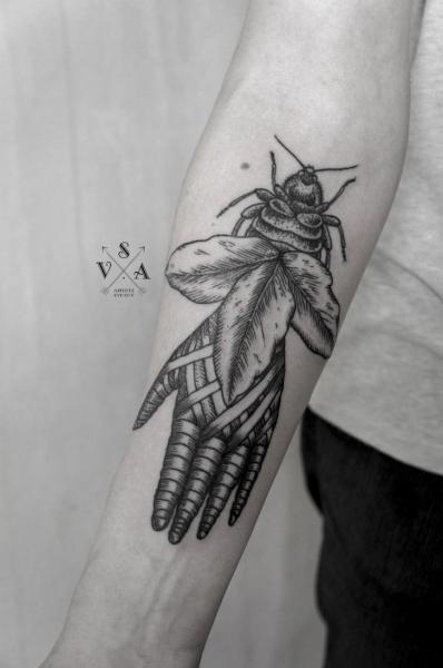 Arm Hand Scrabble Dotwork Tattoo by Master Tattoo