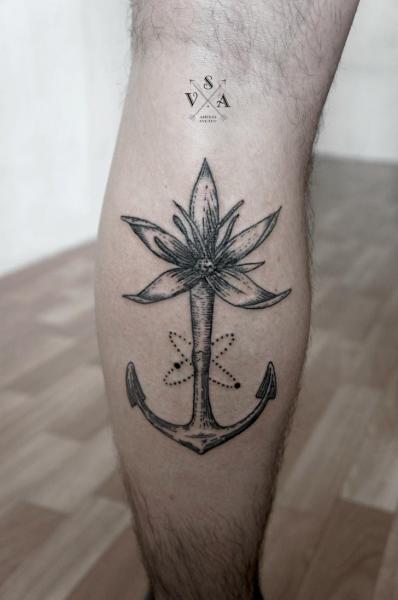 Calf Flower Anchor Dotwork Tattoo by Master Tattoo