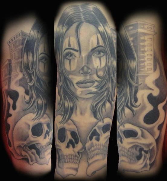 Arm Clown Skull Women Tattoo by Blood Line Tattoos