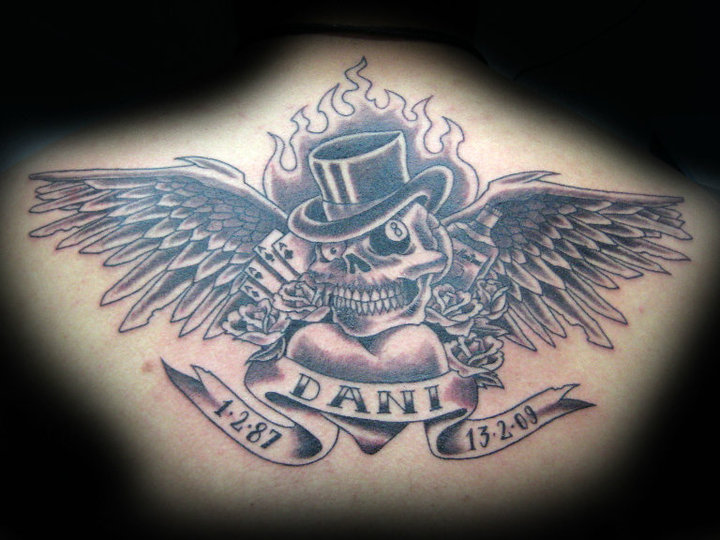 Skull Back Wings Tattoo by Blood Line Tattoos