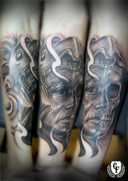 Fantasy Leg Skull Maya Men Tattoo by Cosa Fina Tattoo