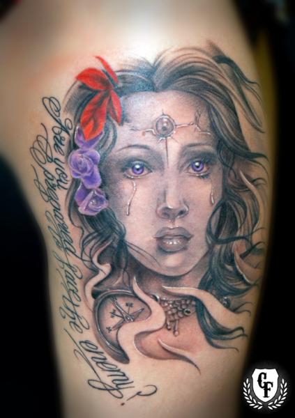 Women Thigh Tattoo by Cosa Fina Tattoo