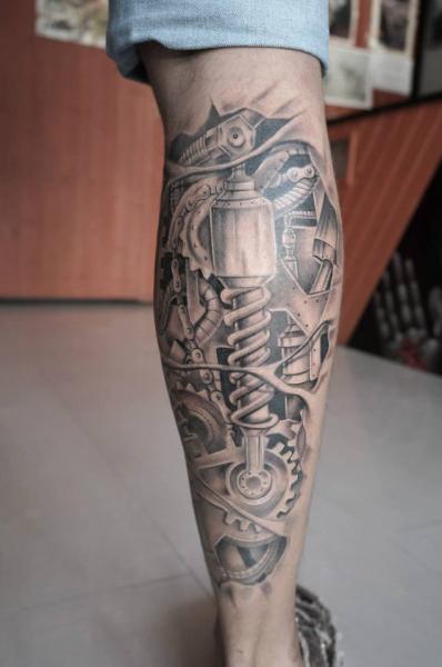 Biomechanical Calf Tattoo by Astin Tattoo