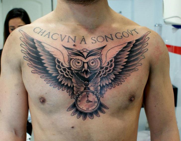 Chest Old School Owl Tattoo by Astin Tattoo