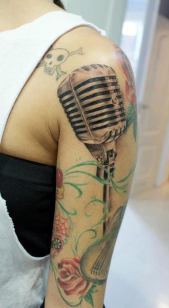 Shoulder Realistic Microphone Tattoo by Astin Tattoo