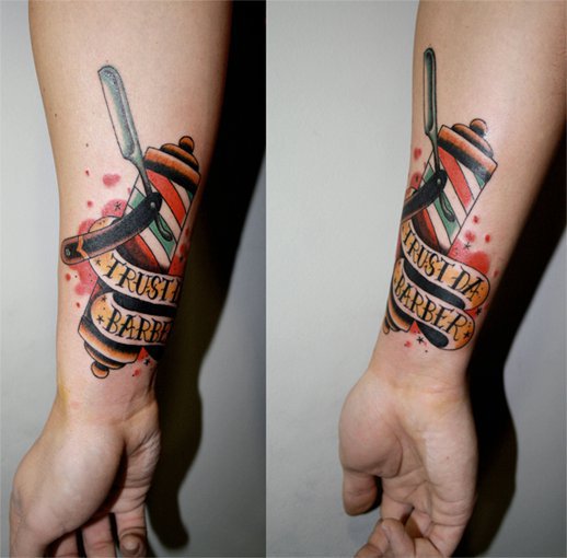 Arm Old School Barber Tattoo by La Dolores Tattoo